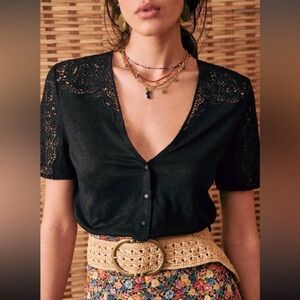 Sezane Lana Linen Top with Lace Knit Details